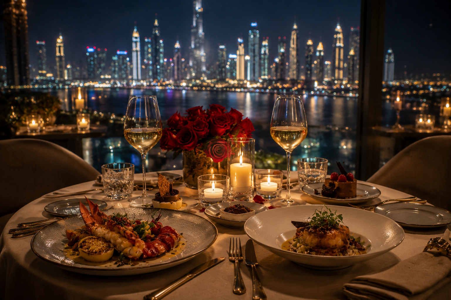 A premium romantic Dubai restaurant table with candles, roses, elegant plates, glassware and warm skyline lighting.