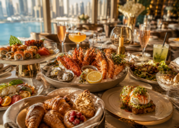 A premium Dubai Saturday brunch table with seafood, sushi, pastries, salads, desserts, elegant plates and warm restaurant lighting.