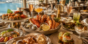 A premium Dubai Saturday brunch table with seafood, sushi, pastries, salads, desserts, elegant plates and warm restaurant lighting.