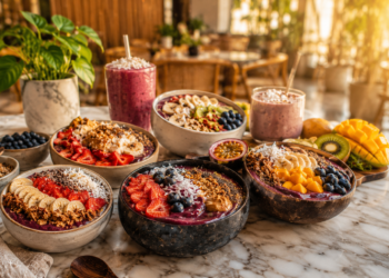 A premium Dubai café table with colourful açaí bowls, berries, banana, granola, coconut, nut butter, smoothies and fresh fruit.