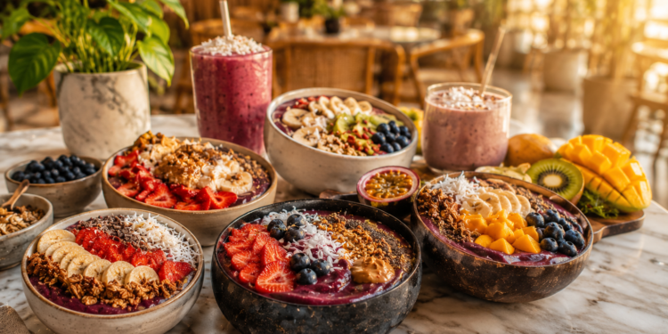 A premium Dubai café table with colourful açaí bowls, berries, banana, granola, coconut, nut butter, smoothies and fresh fruit.