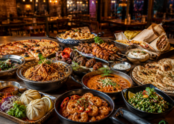 A colourful affordable Dubai restaurant table with curries, kebabs, seafood, biryani, dumplings, pizza slices and sharing plates.