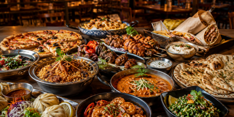 A colourful affordable Dubai restaurant table with curries, kebabs, seafood, biryani, dumplings, pizza slices and sharing plates.
