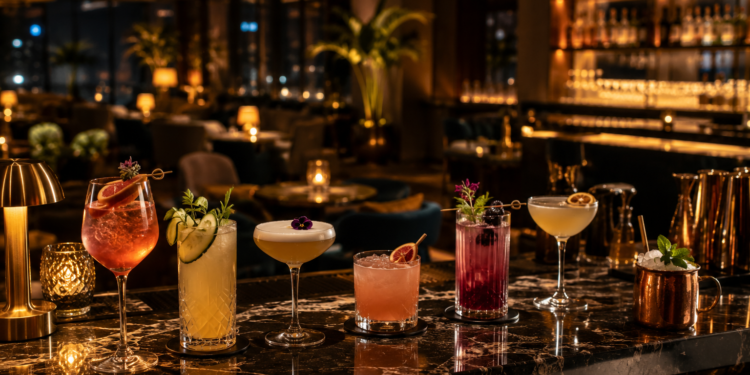 A premium Dubai bar interior with elegant mocktails and cocktails, warm lighting, dark marble, gold accents and a stylish lounge atmosphere.
