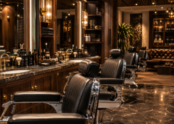 A premium Dubai barber shop with leather chairs, grooming tools, straight razors, warm lighting and dark wood finishes.