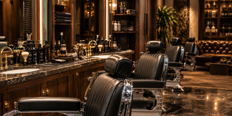A premium Dubai barber shop with leather chairs, grooming tools, straight razors, warm lighting and dark wood finishes.