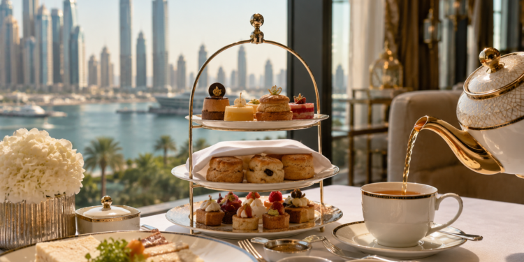 Luxury afternoon tea in Dubai with scones, pastries and tea poured beside soft marina skyline views.