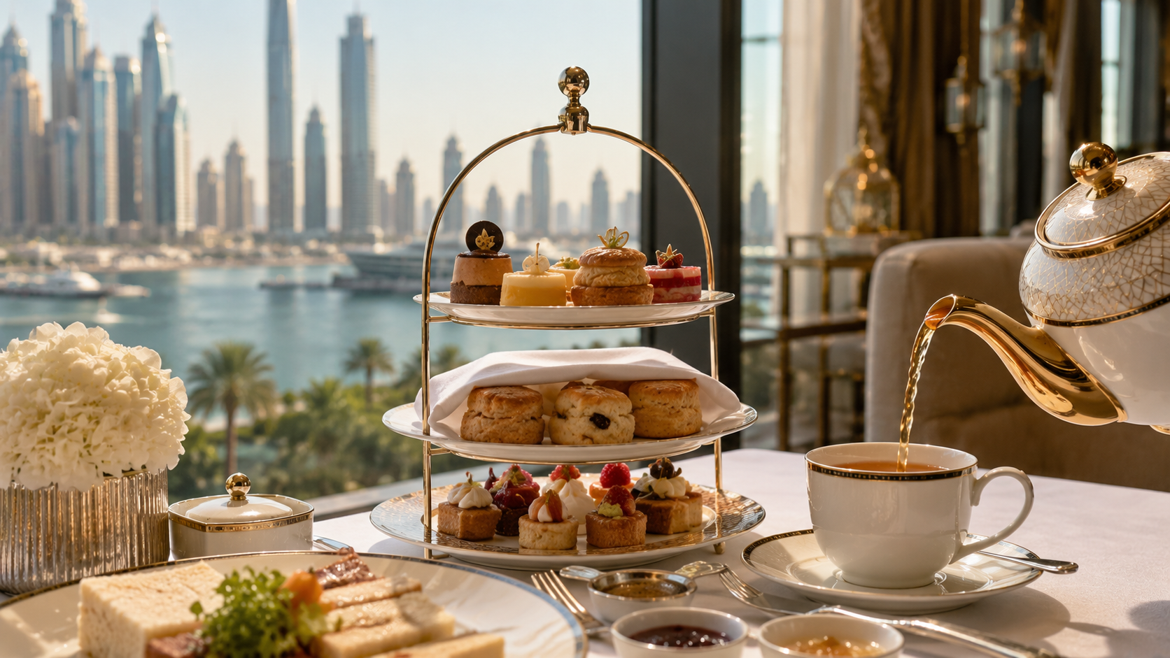 Luxury afternoon tea in Dubai with scones, pastries and tea poured beside soft marina skyline views.
