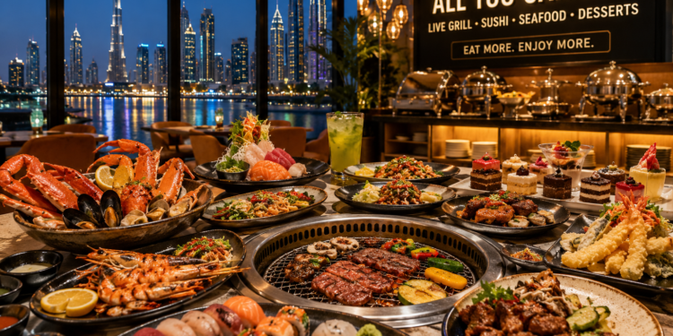 Luxury all-you-can-eat buffet restaurant in Dubai with international dishes, seafood, sushi, grilled meats and desserts.