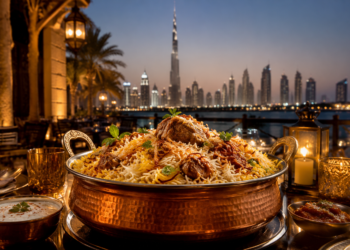 Fragrant traditional biryani served in a copper bowl at an Indian restaurant in Dubai with evening skyline views.