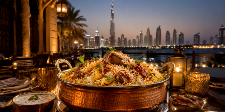 Fragrant traditional biryani served in a copper bowl at an Indian restaurant in Dubai with evening skyline views.