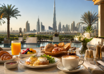 Luxury breakfast spread on a Dubai terrace with eggs Benedict, pastries, fresh fruit and Burj Khalifa skyline views.