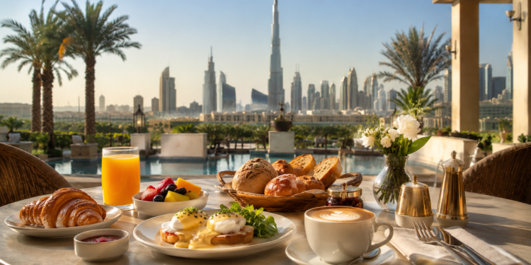 Luxury breakfast spread on a Dubai terrace with eggs Benedict, pastries, fresh fruit and Burj Khalifa skyline views.