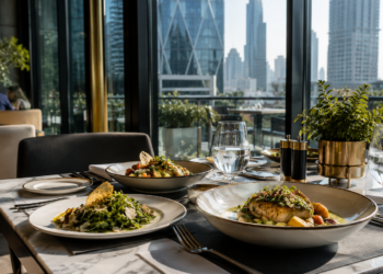 Refined business lunch table inside a premium Dubai restaurant.