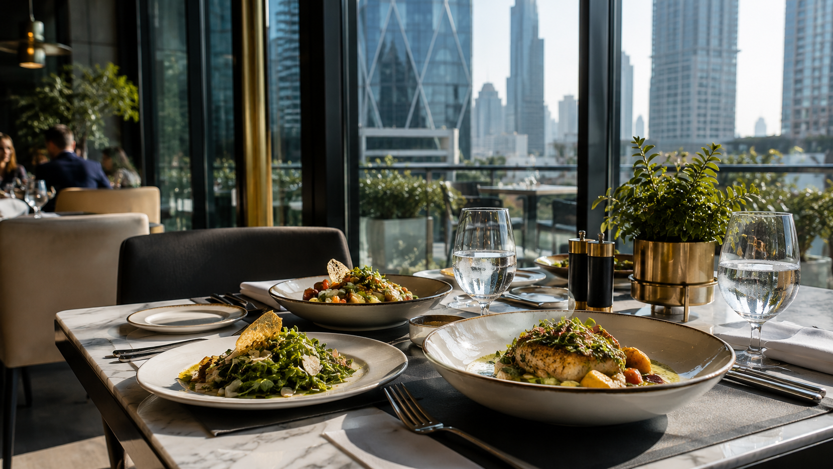 Refined business lunch table inside a premium Dubai restaurant.