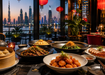 Luxury Chinese restaurant dining in Dubai with dim sum, Peking duck and city skyline views at night.