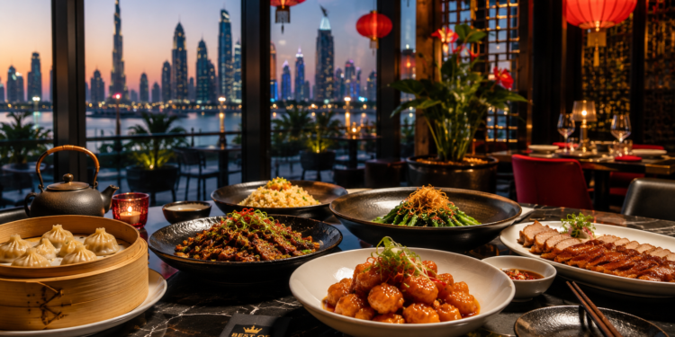 Luxury Chinese restaurant dining in Dubai with dim sum, Peking duck and city skyline views at night.