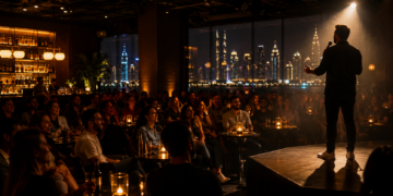 Live stand-up comedy night in Dubai with audience laughter and warm stage lights