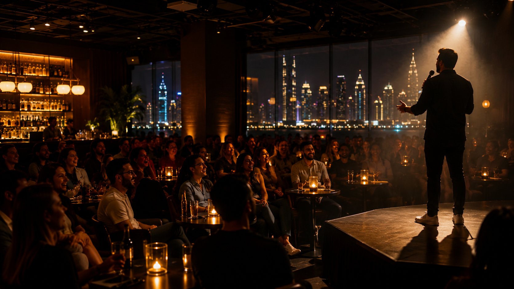 Live stand-up comedy night in Dubai with audience laughter and warm stage lights