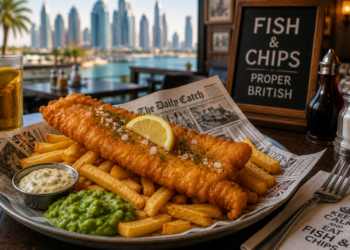 Crispy British fish and chips with tartar sauce, mushy peas and a Dubai Marina waterfront view.