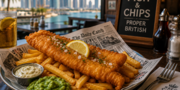 Crispy British fish and chips with tartar sauce, mushy peas and a Dubai Marina waterfront view.