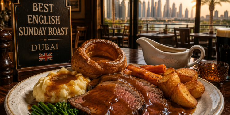 Traditional English Sunday roast with Yorkshire pudding, roast potatoes, vegetables and gravy at a Dubai pub-style restaurant.