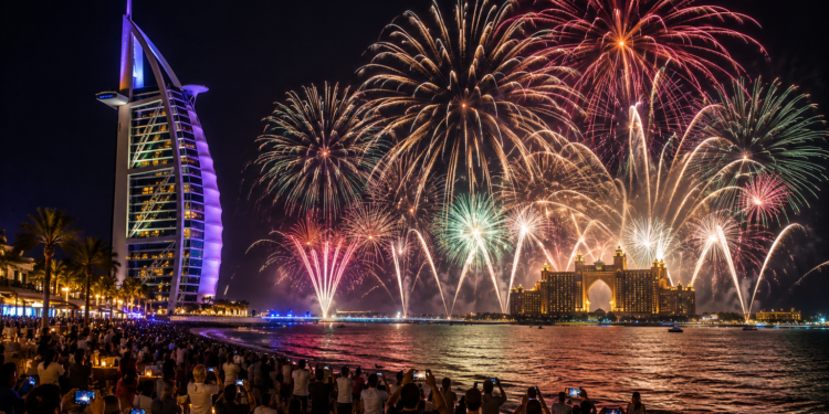 Fireworks lighting the Dubai coastline at night, with Burj Al Arab, Atlantis The Palm and spectators by the water.