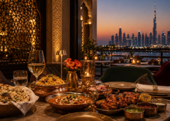 Luxury Indian restaurant dining in Dubai with traditional dishes, warm lantern lighting and the Burj Khalifa skyline at sunset.