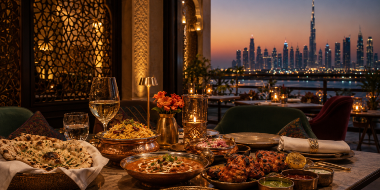 Luxury Indian restaurant dining in Dubai with traditional dishes, warm lantern lighting and the Burj Khalifa skyline at sunset.