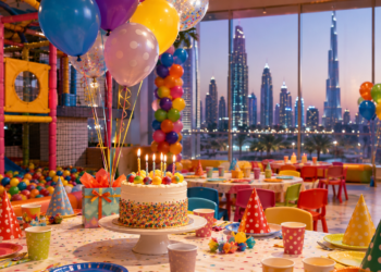 Colourful indoor children’s birthday party venue in Dubai with balloons, play equipment, cake and skyline views.