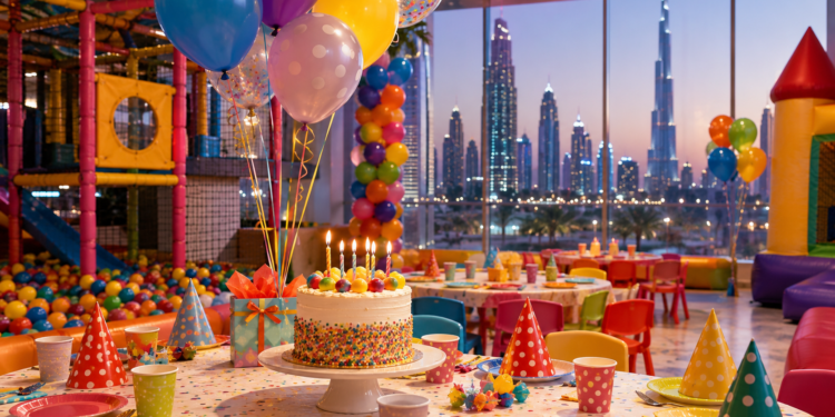 Colourful indoor children’s birthday party venue in Dubai with balloons, play equipment, cake and skyline views.