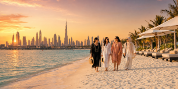 Women enjoying a Dubai beach at sunset with the Burj Khalifa skyline