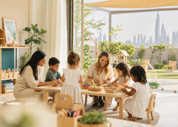 Children learning with nursery teachers in a bright Dubai classroom
