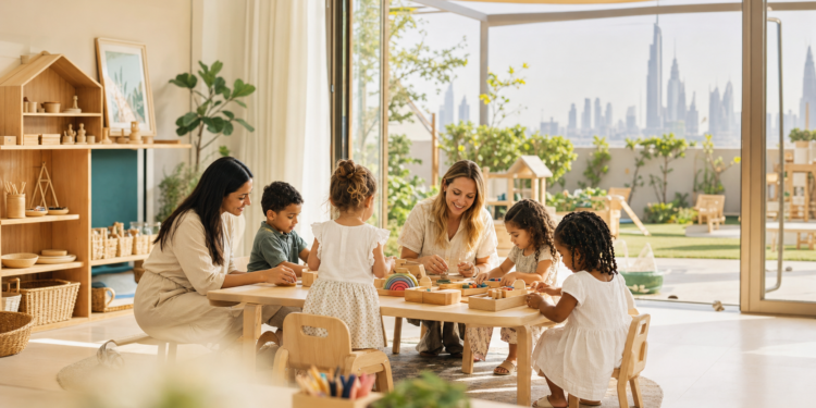 Children learning with nursery teachers in a bright Dubai classroom