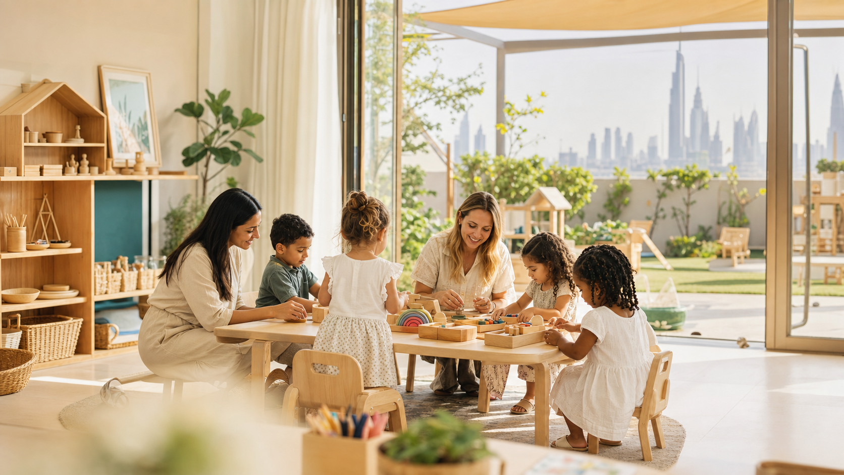 Children learning with nursery teachers in a bright Dubai classroom