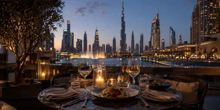 Elegant terrace dining in Downtown Dubai with the Burj Khalifa and Dubai Fountain views at dusk.