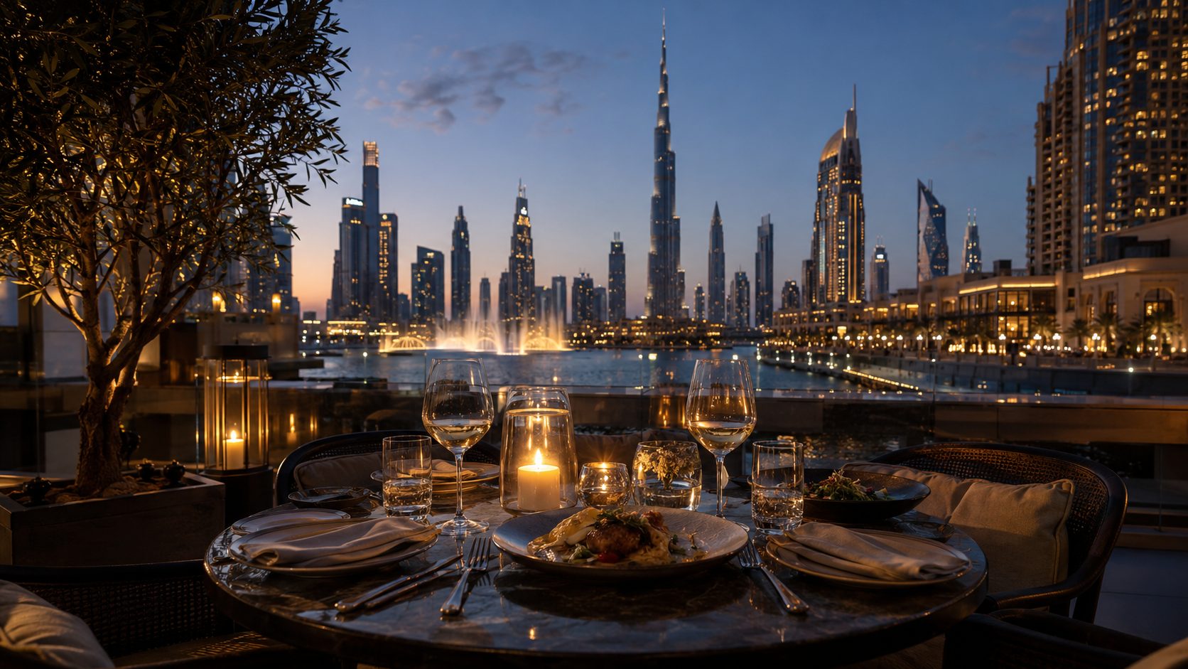 Elegant terrace dining in Downtown Dubai with the Burj Khalifa and Dubai Fountain views at dusk.