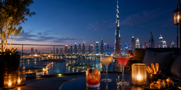 Elegant cocktails on a Dubai rooftop bar at blue hour with the Burj Khalifa and illuminated skyline in the background.