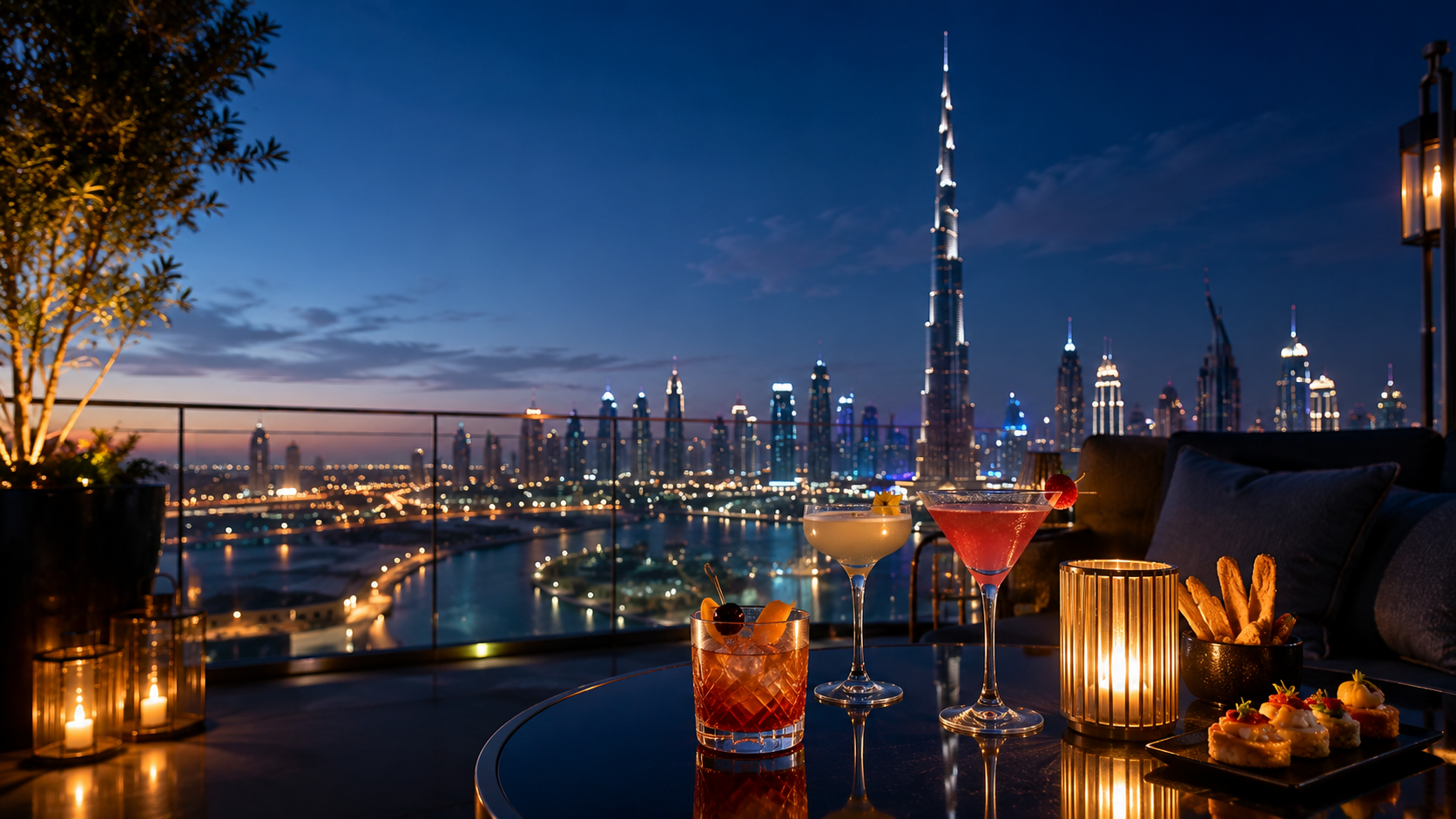 Elegant cocktails on a Dubai rooftop bar at blue hour with the Burj Khalifa and illuminated skyline in the background.