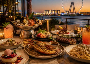 A premium Bluewaters Dubai waterfront restaurant table with seafood, sushi, steak, Italian dishes, desserts and warm golden lighting.