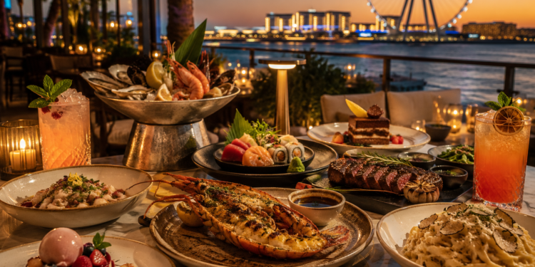 A premium Bluewaters Dubai waterfront restaurant table with seafood, sushi, steak, Italian dishes, desserts and warm golden lighting.
