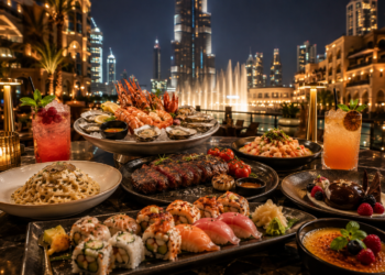 A premium restaurant table near Burj Khalifa with elegant dishes, Dubai Fountain views and warm golden lighting.
