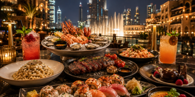 A premium restaurant table near Burj Khalifa with elegant dishes, Dubai Fountain views and warm golden lighting.