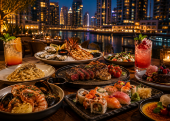 A premium Business Bay Dubai restaurant table with steak, sushi, pasta, seafood, desserts and warm golden lighting.