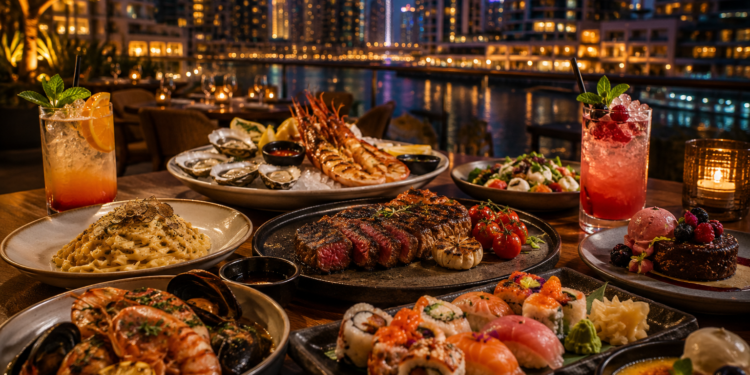 A premium Business Bay Dubai restaurant table with steak, sushi, pasta, seafood, desserts and warm golden lighting.