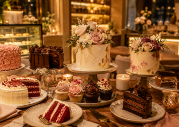 A premium Dubai cake table with birthday cakes, cupcakes, chocolate cake, floral cake designs and warm golden lighting.