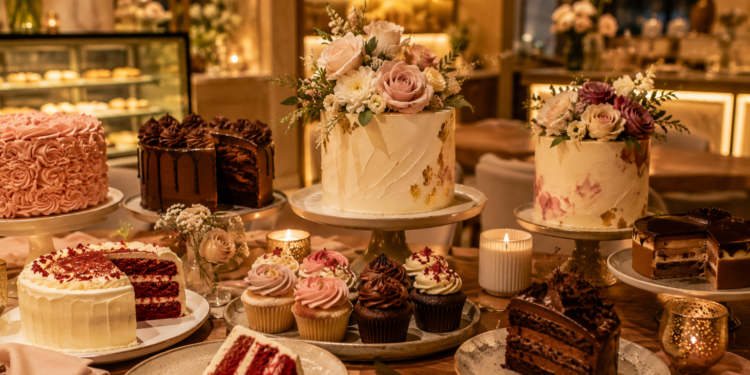 A premium Dubai cake table with birthday cakes, cupcakes, chocolate cake, floral cake designs and warm golden lighting.