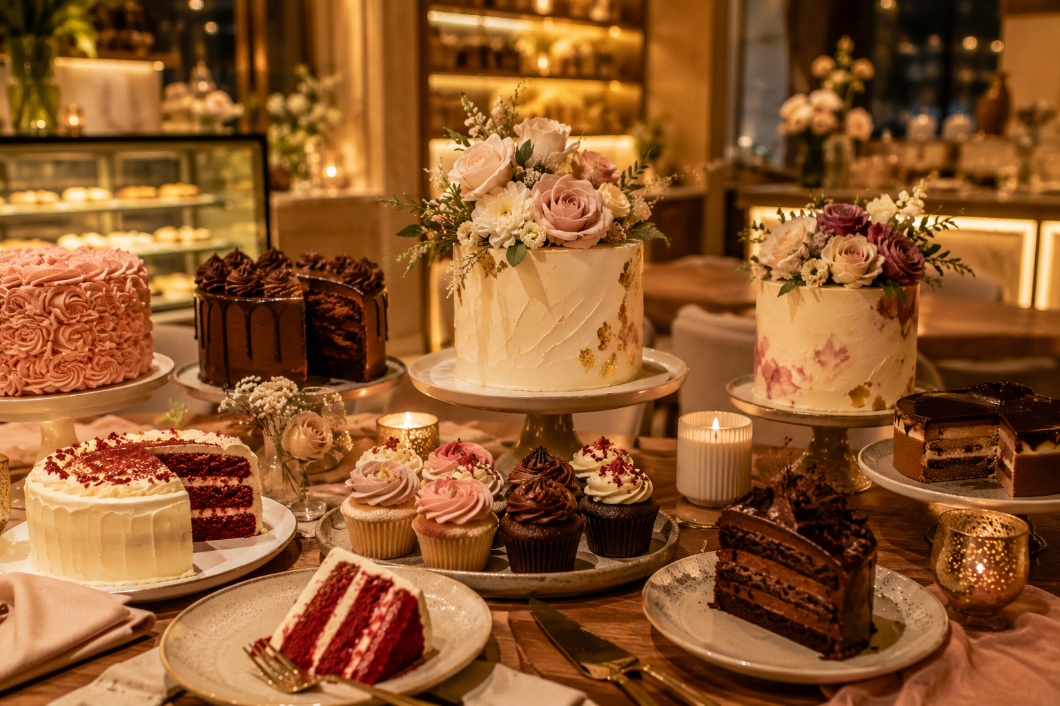 A premium Dubai cake table with birthday cakes, cupcakes, chocolate cake, floral cake designs and warm golden lighting.