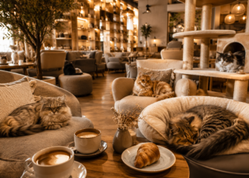 A cosy Dubai cat café scene with friendly cats, coffee cups, soft lounge seating, pastries and warm golden café lighting.