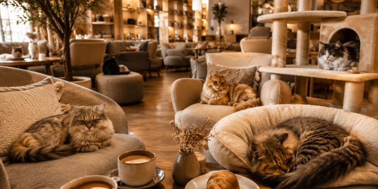 A cosy Dubai cat café scene with friendly cats, coffee cups, soft lounge seating, pastries and warm golden café lighting.